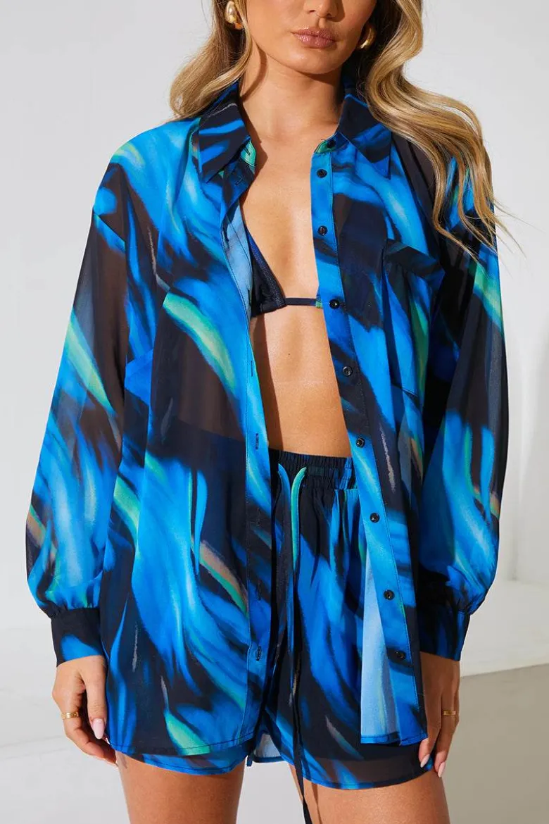 Abstract Print Chiffon Co-Ord Beach Shirt