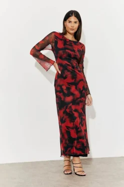 Abstract Print Mesh Open Back Detail Maxi Dress