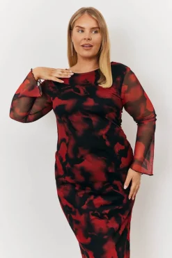 Abstract Print Mesh Open Back Detail Maxi Dress