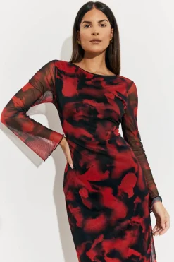 Abstract Print Mesh Open Back Detail Maxi Dress
