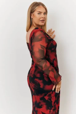 Abstract Print Mesh Open Back Detail Maxi Dress