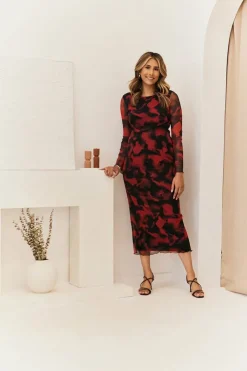Abstract Print Mesh Open Back Detail Maxi Dress