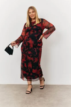 Abstract Print Mesh Open Back Detail Maxi Dress