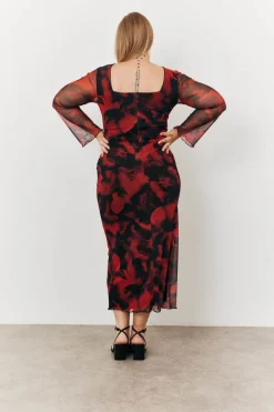 Abstract Print Mesh Open Back Detail Maxi Dress