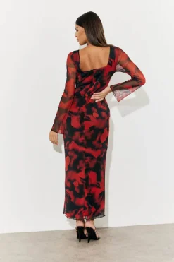 Abstract Print Mesh Open Back Detail Maxi Dress