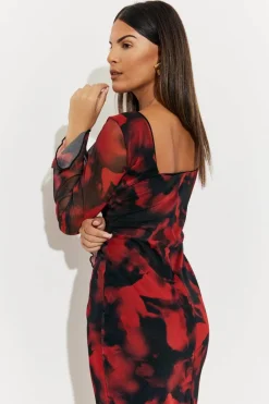 Abstract Print Mesh Open Back Detail Maxi Dress