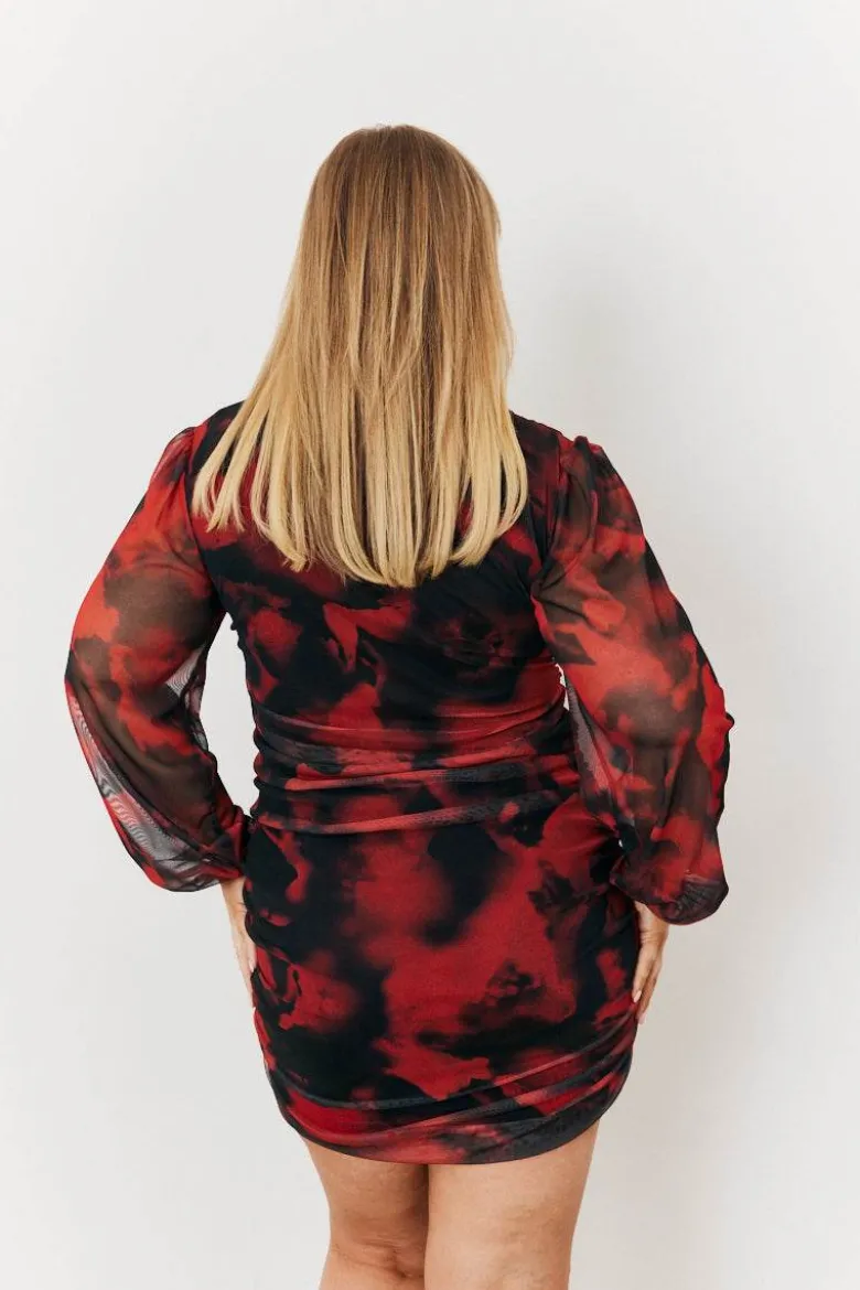 Abstract Print Ruched Mesh Mini Dress