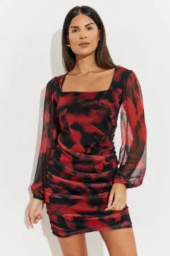 Abstract Print Ruched Mesh Mini Dress