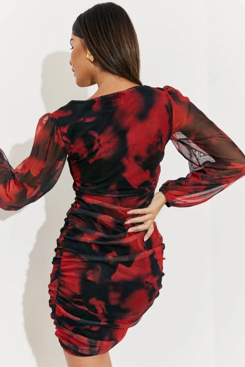 Abstract Print Ruched Mesh Mini Dress