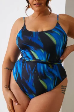 Abstract Print Scoop Neck Gold Trim Belted Swimsuit