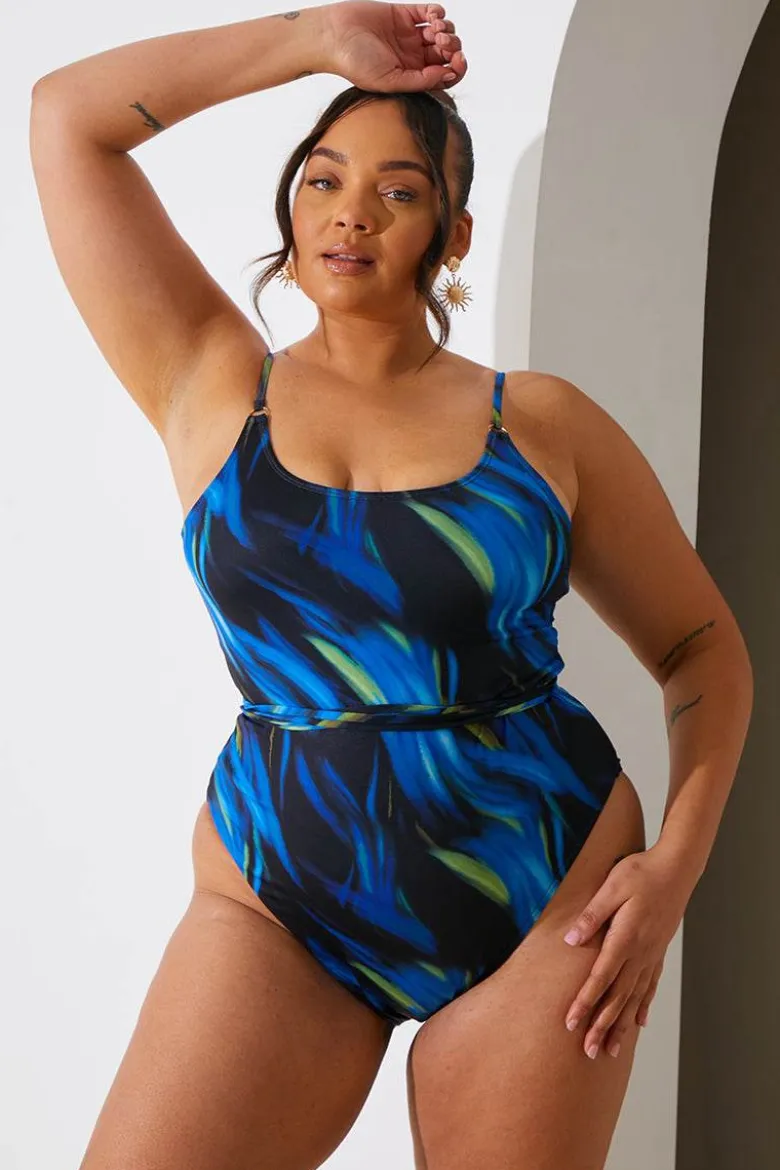 Abstract Print Scoop Neck Gold Trim Belted Swimsuit