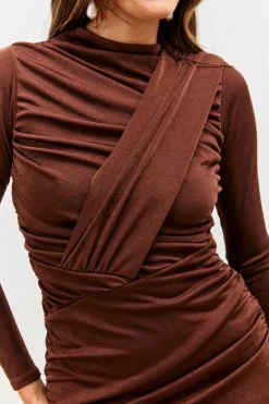 Acetate Slinky Drape Wrap Long Sleeve Mini Dress