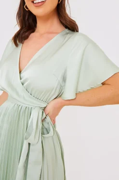 Angel Sleeve Pleated Wrap Midi Dress