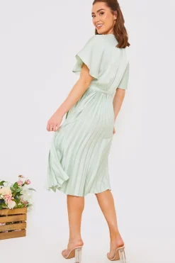Angel Sleeve Pleated Wrap Midi Dress