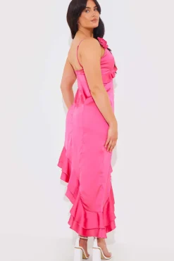 Asymmetric Frill Midaxi Dress With Removable Corsage