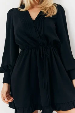 Balloon Sleeve Pintuck Tie Waist Detail Mini Dress