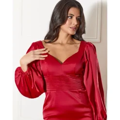 Balloon Sleeve Plunge Bodycon Dress in Red