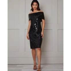 Bardot Sequin Bodycon Midi Dress in Black