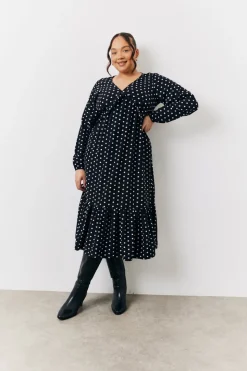 Black and White Polka Dot Frill Detail Midaxi Dress