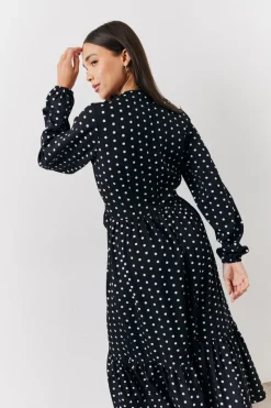 Black and White Polka Dot Frill Detail Midaxi Dress