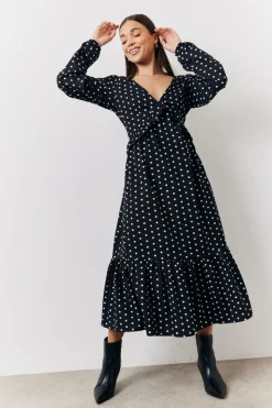 Black and White Polka Dot Frill Detail Midaxi Dress