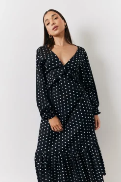 Black and White Polka Dot Frill Detail Midaxi Dress