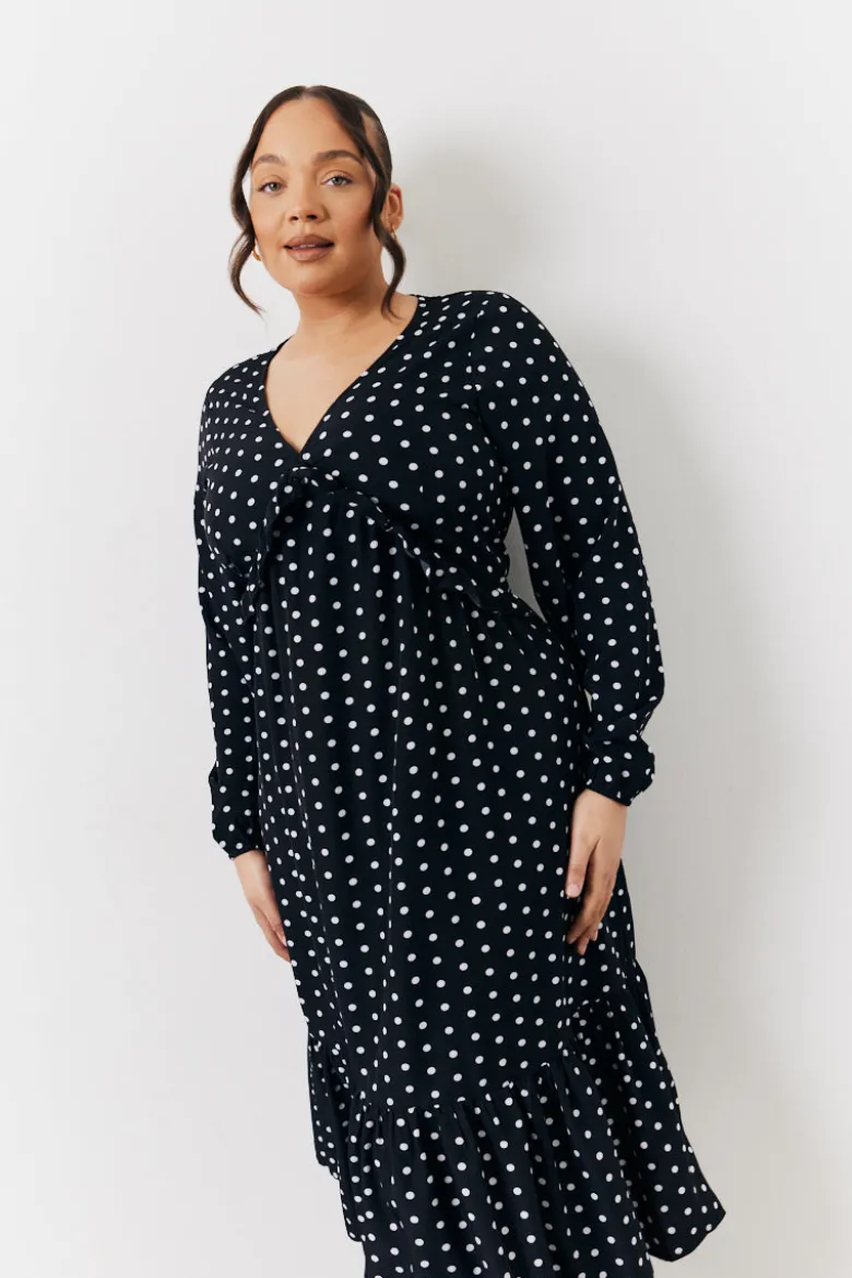 Black and White Polka Dot Frill Detail Midaxi Dress