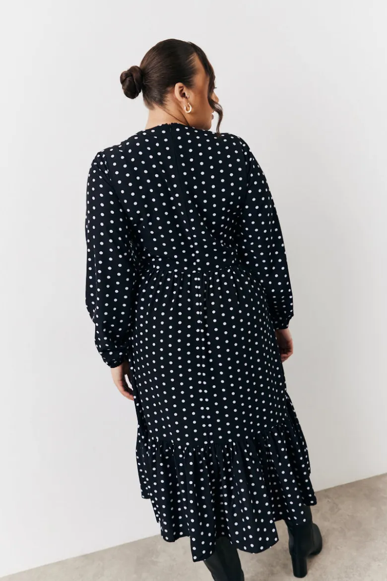 Black and White Polka Dot Frill Detail Midaxi Dress