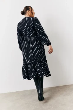 Black and White Polka Dot Frill Detail Midaxi Dress