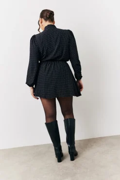 Black and White Polka Dot Mini Dress with Tie Neck