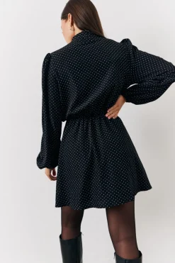 Black and White Polka Dot Mini Dress with Tie Neck