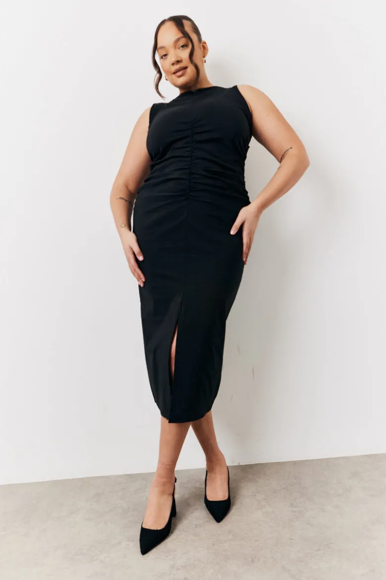 Black Bengaline Ruched Midi Dress