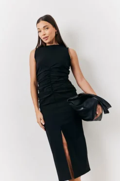Black Bengaline Ruched Midi Dress