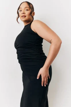 Black Bengaline Ruched Midi Dress