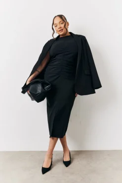 Black Bengaline Ruched Midi Dress