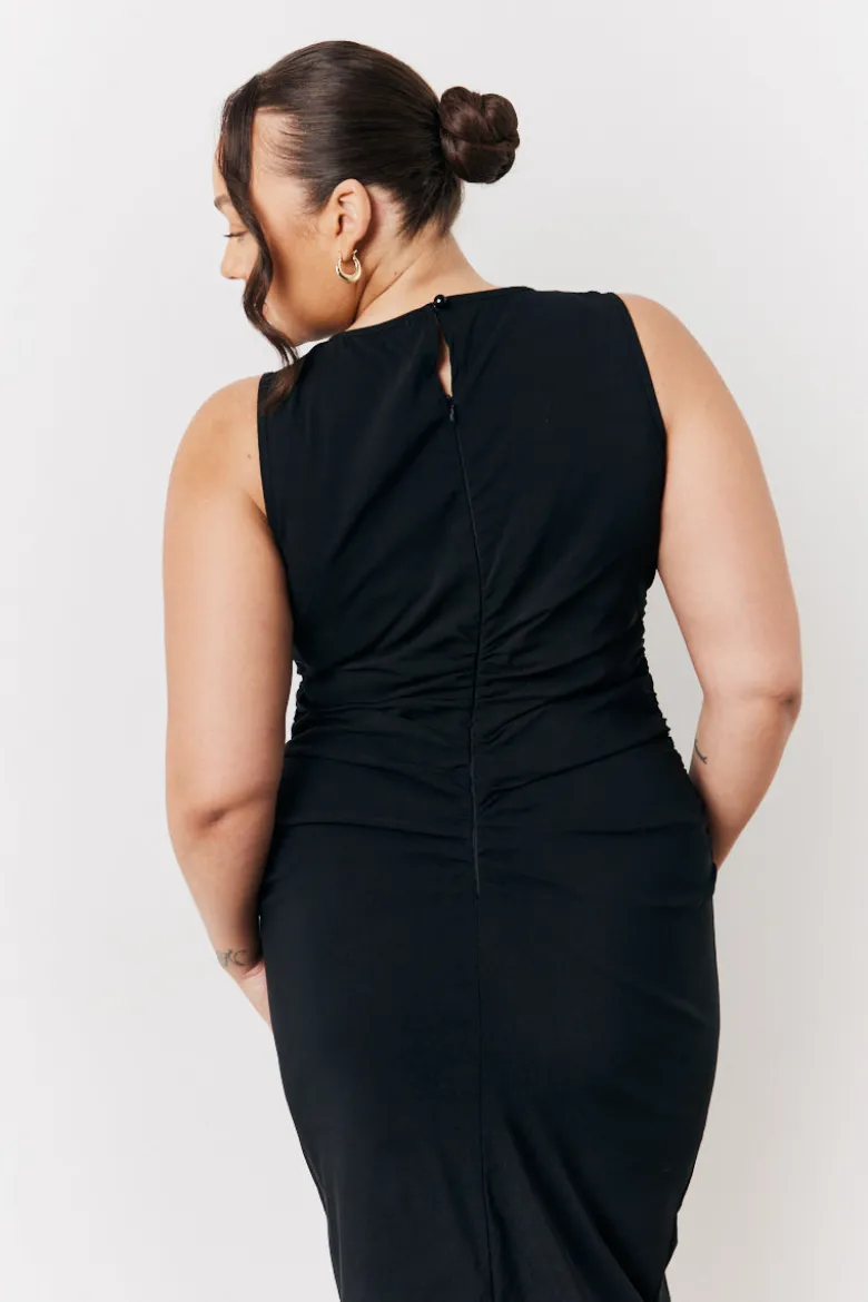 Black Bengaline Ruched Midi Dress