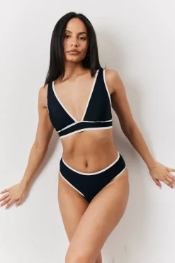 Black Contrast Binding Plunge Bikini Top