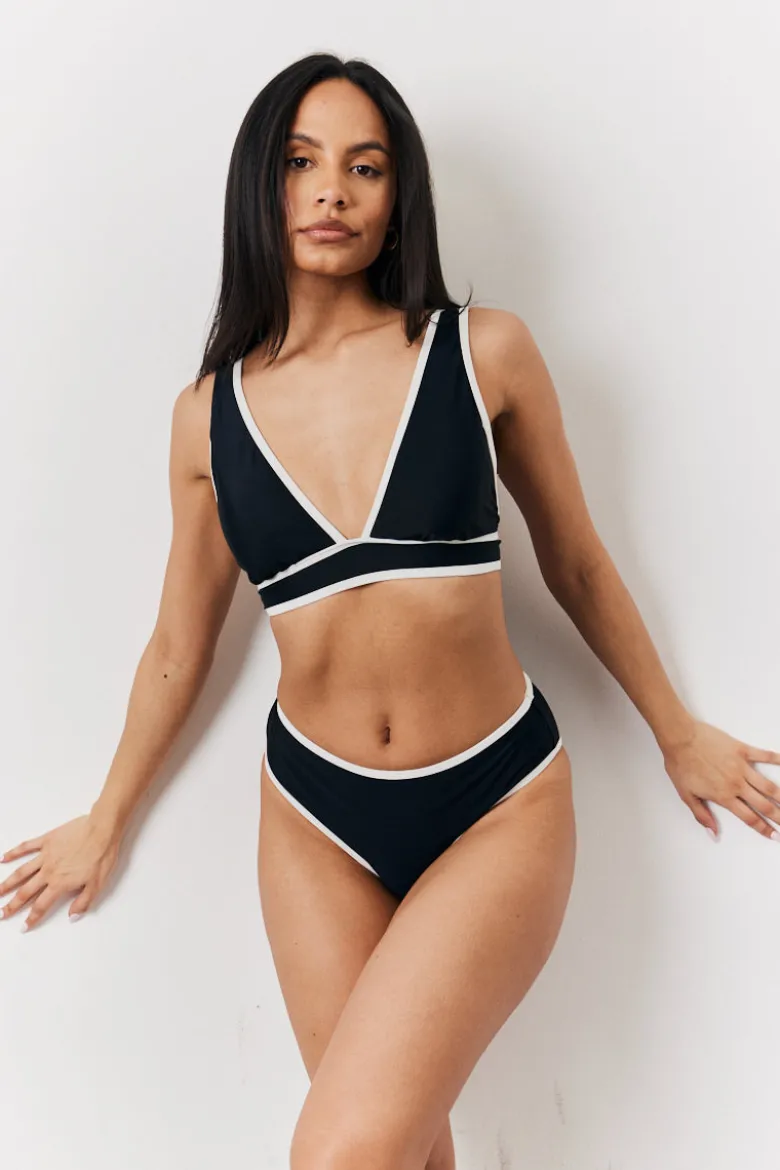 Black Contrast Binding Plunge Bikini Top