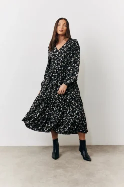 Black Ditsy Floral Printed Wrap Midi Dress