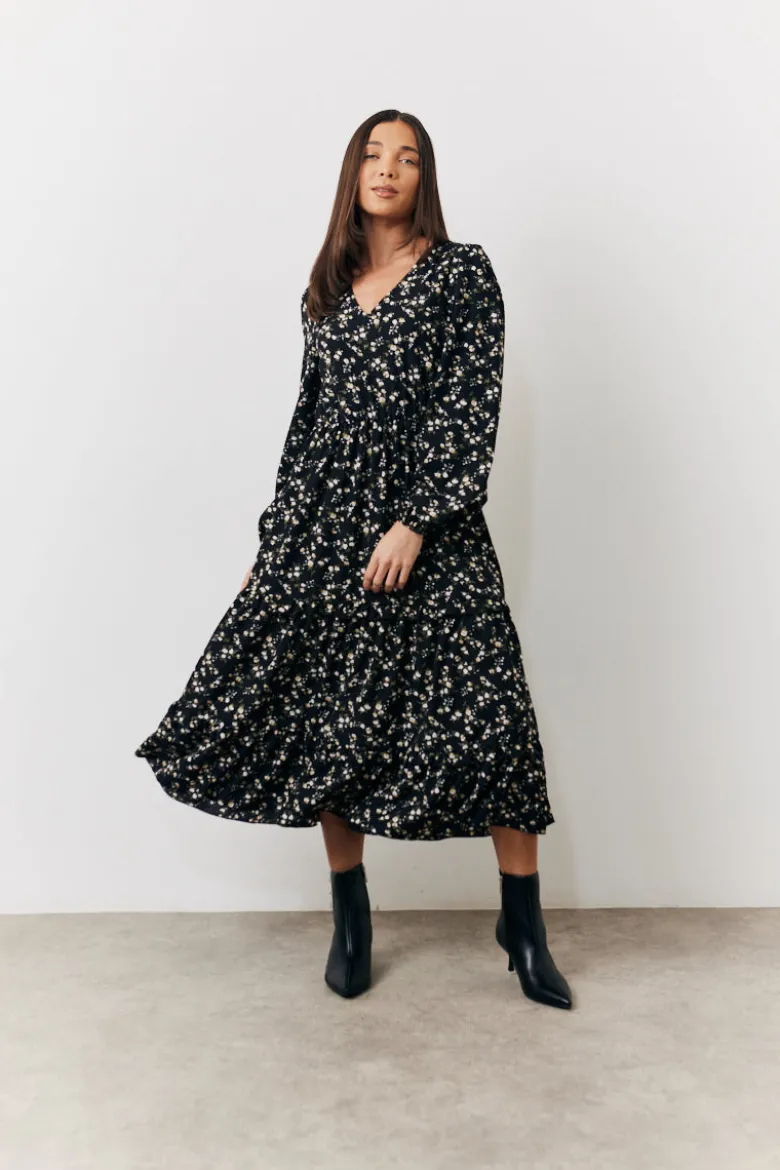 Black Ditsy Floral Printed Wrap Midi Dress