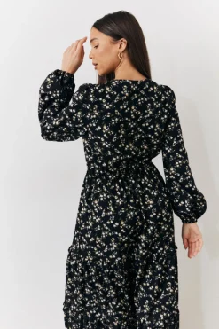 Black Ditsy Floral Printed Wrap Midi Dress