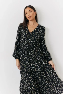 Black Ditsy Floral Printed Wrap Midi Dress