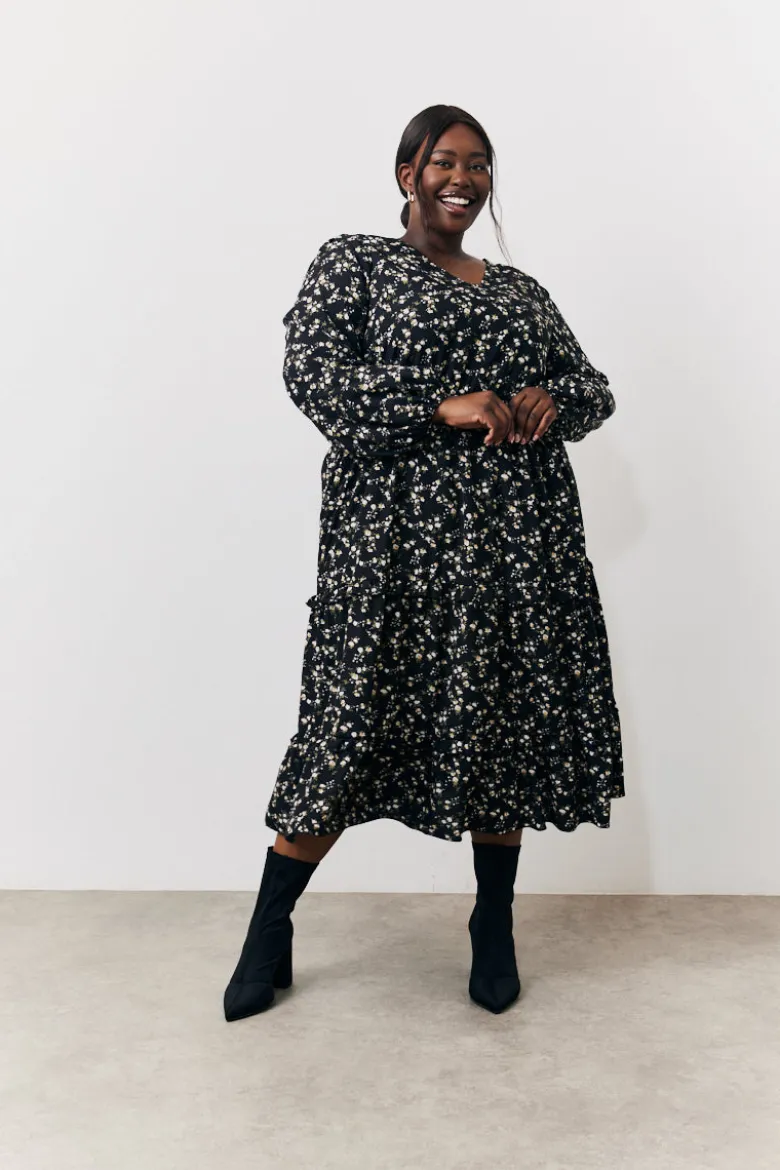 Black Ditsy Floral Printed Wrap Midi Dress