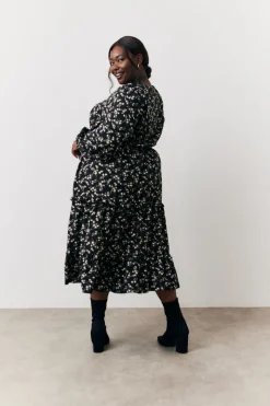 Black Ditsy Floral Printed Wrap Midi Dress