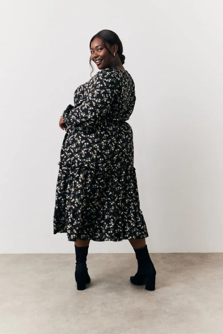 Black Ditsy Floral Printed Wrap Midi Dress