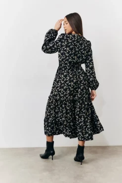 Black Ditsy Floral Printed Wrap Midi Dress