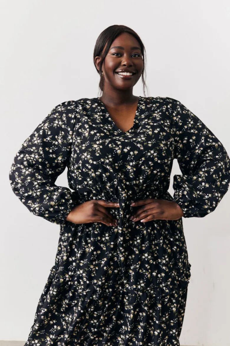 Black Ditsy Floral Printed Wrap Midi Dress