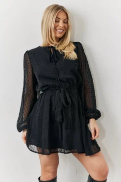 Black Dobby Chiffon Belted Mini Dress