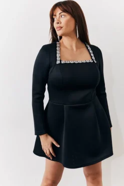 Black Embellished Neckline Black Mini Dress