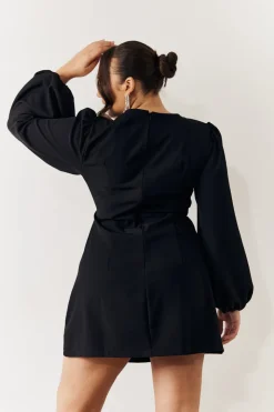 Black Embellished Trim Cut Out Balloon Sleeve Mini Dress